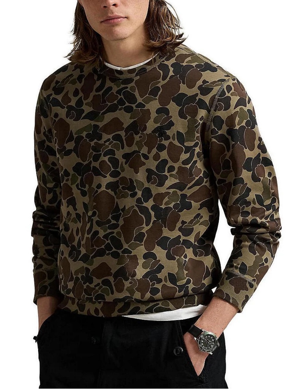 Polo Ralph Lauren Camo Double Knit Crew Neck Sweatshirt Green Brown Men’s L